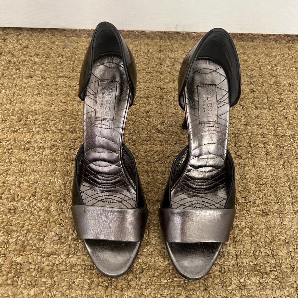 Gucci Silver Black Open Toe Heels 8 1/2